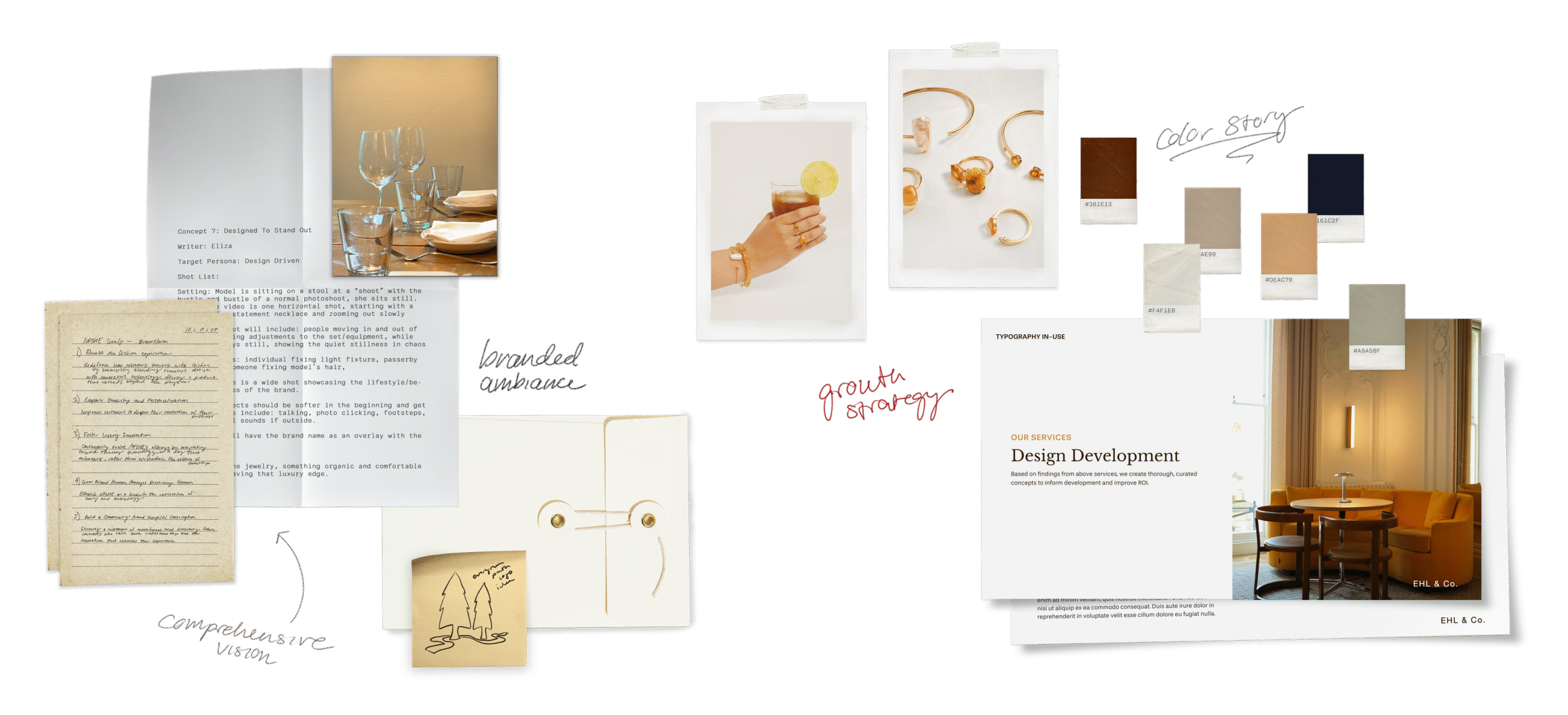 Collage that includes a page of notes describing business goals, a piece of paper describing a concept titled “Designed to Stand Out,” a photo of a table setting, a manilla envelope with a sticky note on top depicting a drawing of two trees and a path, polaroid photos of a hand holding a glass of sweet tea and orange jewelry on a table, six neutral color swatches, pages of a branding deck showing typography in-use and a photo of a yellow couch, and handwritten text that reads "branded ambiance", "comprehensive vision", "growth strategy", and "color story."