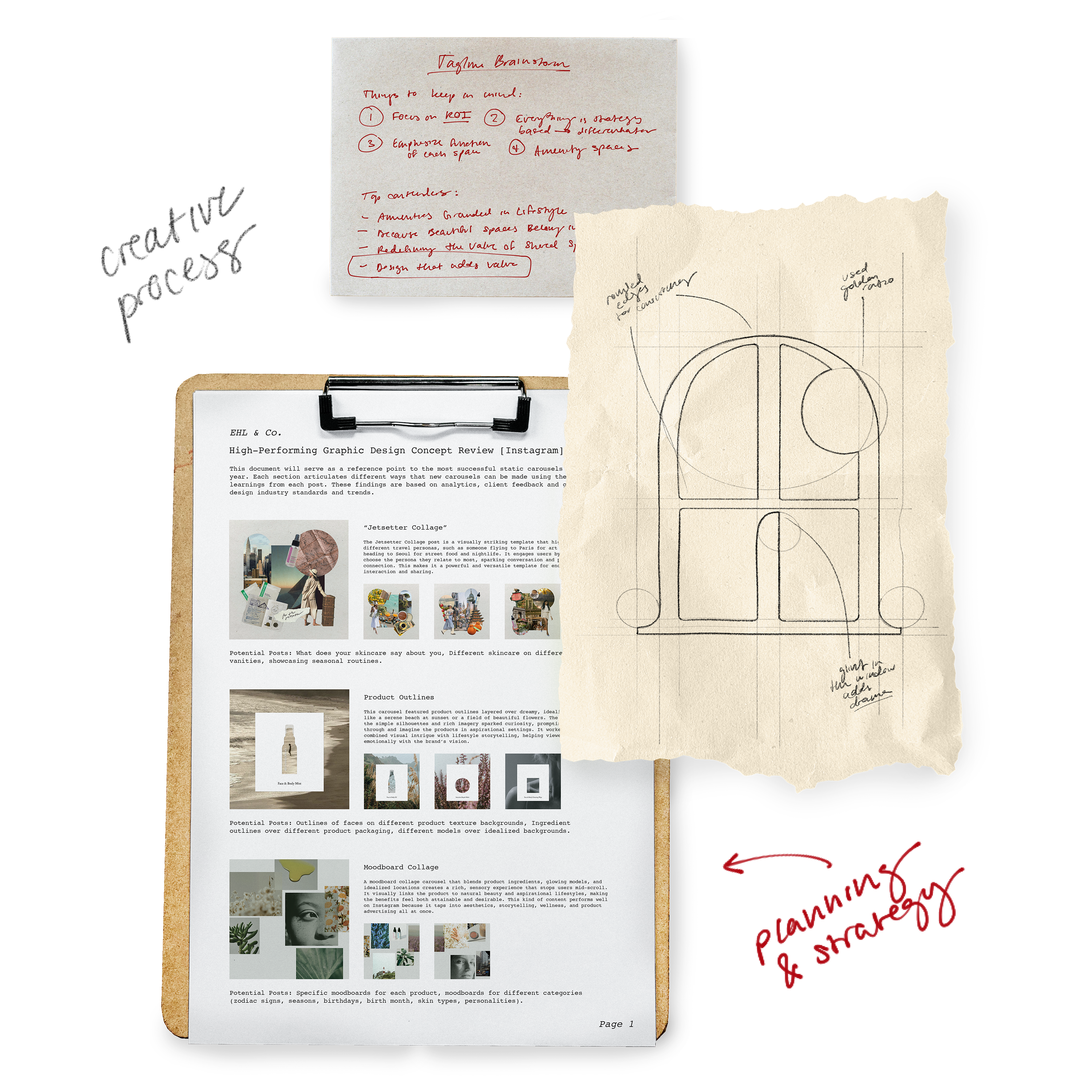 Collage that includes a paper note with a tagline brainstorm written on it, a scrap of paper depicting an annotated logo of a sun in a window, a clipboard with a high-performing graphic design concept review document, and handwritten text that reads "creative process" and "planning & strategy."