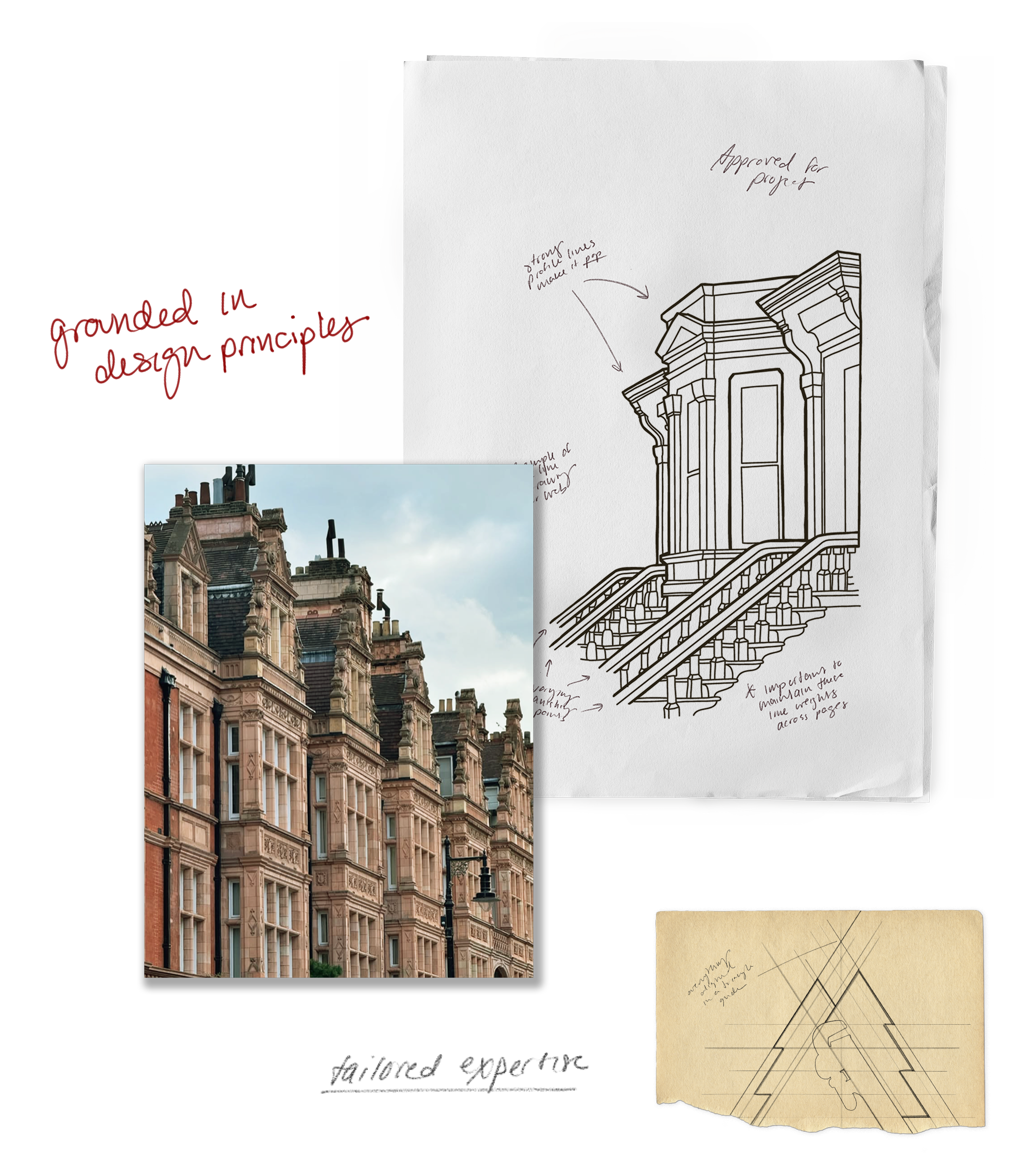 Collage that includes an annotated sketch of a building, a photo of New York City buildings, a line drawing sketch of the top of a tree with a wrench inside of it, and handwritten text that reads "grounded in design principles" and "tailored expertise."