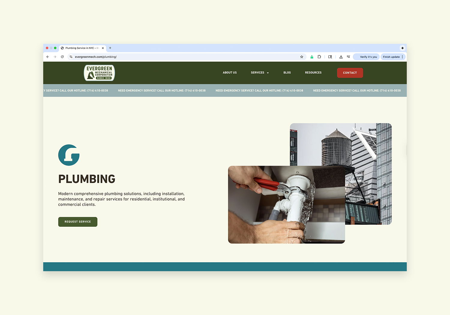 Evergreen Mechanical "Plumbing" services website page.